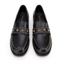 Damskie loafersy skórzane z ozdobnymi nitami czarne 99-D-959-1