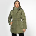 Damska kurtka puchowa z paskiem i wysokim kołnierzem zielona 97-9D-400-Z