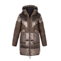 Damski płaszcz puchowy z łączonych materiałów z kapturem beżowy 97-9D-405-9