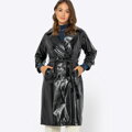 Dámsky čierno-strieborný dvojradový kabát z ekologickej kože 99-9P-105-11