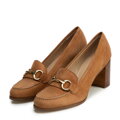 Damskie czółenka ze skóry zamszowej na słupku brązowe 102-D-102-5