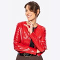 Dámska červená krátka bunda z ekologickej kože 100-9P-107-3