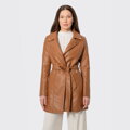 Dámsky hnedý kabát z imitácie kože 100-9P-101-4