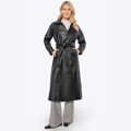 Skórzany damski płaszcz z paskiem czarny 100-09-803-1