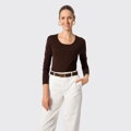 Sweter damski z wełny merino z okrągłym dekoltem ciemny brąz 29-99-302-4