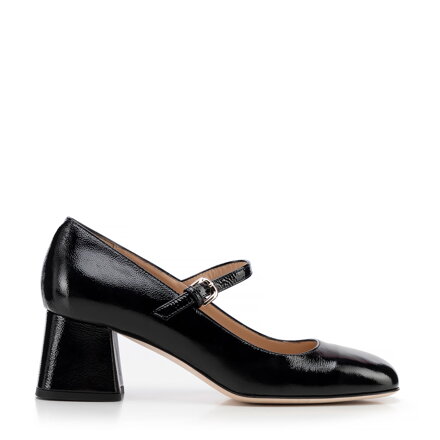 Damskie czółenka ze skóry z paskiem czarne 100-D-107-1