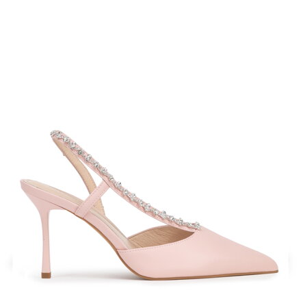 Skórzane czółenka z biżuteryjną ozdobą różowe 100-D-512-P