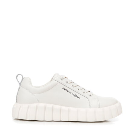 Damskie sneakersy ze skóry na wysokiej platformie złamana biel 100-D-950-0
