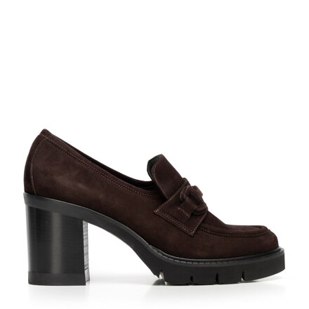Damskie czółenka ze skóry zamszowej na słupku brązowe 101-D-105-4