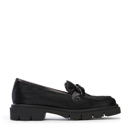 Damskie mokasyny skórzane z włosiem z grubym łańcuchem czarne 97-D-111-1