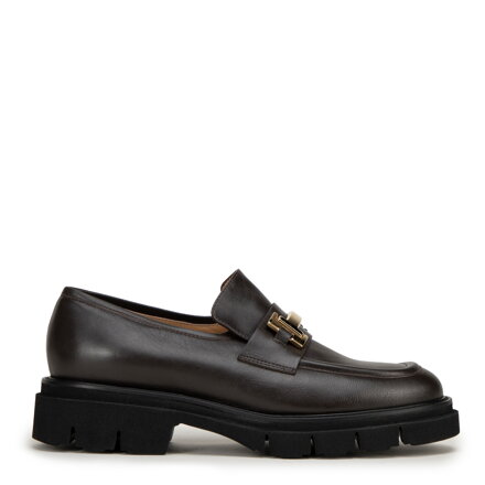 Damskie mokasyny ze skóry z ozdobną klamrą brązowe 99-D-111-4