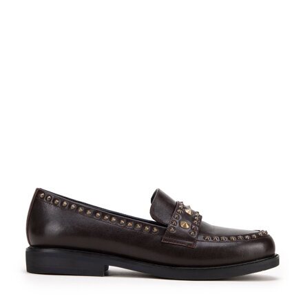 Damskie loafersy skórzane z ozdobnymi nitami brązowe 99-D-959-4