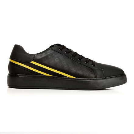 Męskie sneakersy ze skóry z kontrastowymi paskami czarno-żółte 92-M-511-1