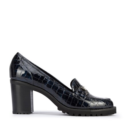 Czółenka ze skóry lakierowanej na platformie z bieżnikiem granatowe 95-D-100-4