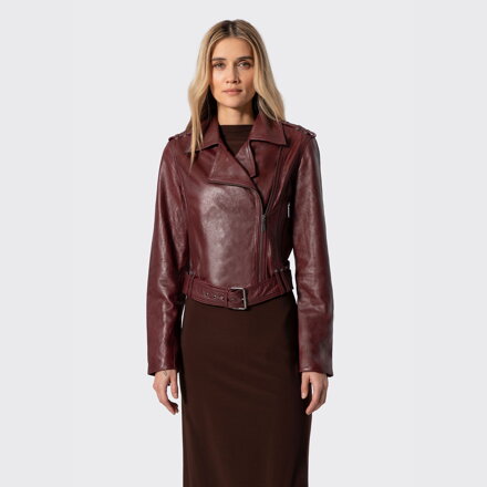 Damska kurtka biker ze skóry bordowa 100-09-806-3