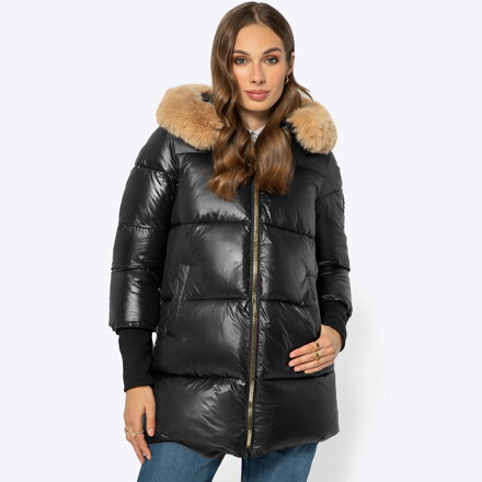 Damska kurtka z futrzanym kapturem czarna 99-9D-400-1