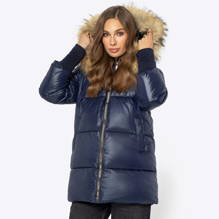 Damska kurtka z futrzanym kapturem granatowa 99-9D-400-N