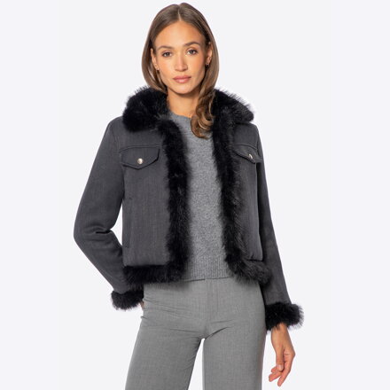 Damska kurtka z domieszką lnu i sztucznym futerkiem czarna 101-9X-305-1