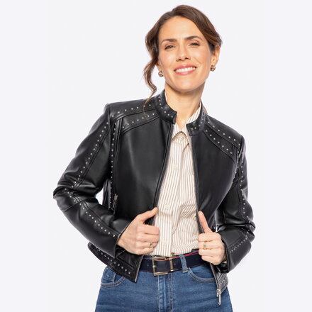 Damska kurtka z ekoskóry w błyszczące nity czarna 100-9P-104-1