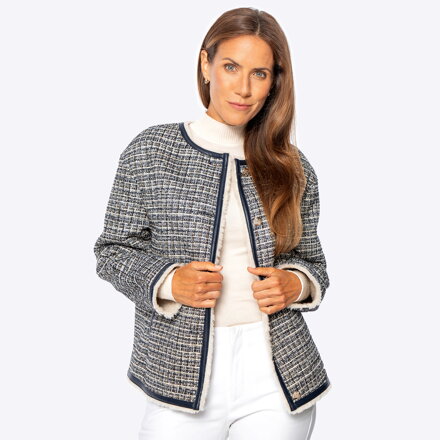 Damska kurtka z tweedu z podszewką ze sztucznego futra granatowa 101-9W-903-N