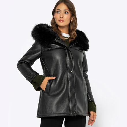 Damska kurtka ze skóry ekologicznej z futerkiem czarna 99-9P-114-1