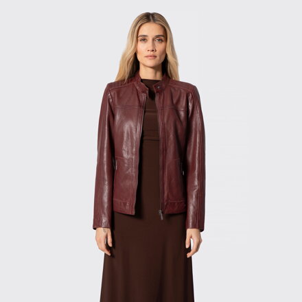 Damska kurtka ze skóry naturalnej z przeszyciami bordowa 100-09-409-3