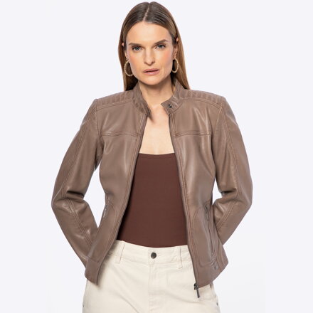 Damska kurtka ze skóry naturalnej z przeszyciami beżowa 100-09-409-9