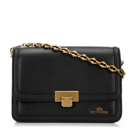Damska listonoszka skórzana na ozdobnym łańcuszku mała czarno-złota 98-4E-212-1