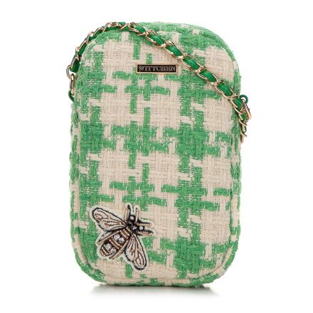 Damska minitorebka z tkaniny w kratę z błyszczącym owadem zielona 98-2Y-207-Z