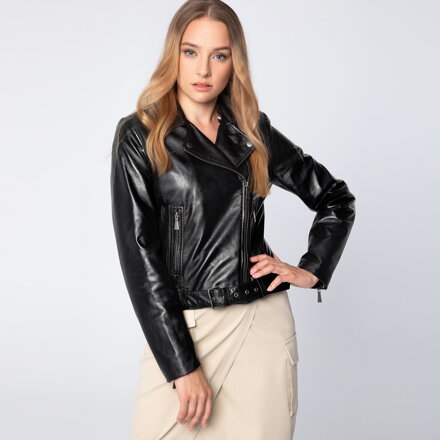 Damska ramoneska skórzana z paskiem czarna 97-09-805-1