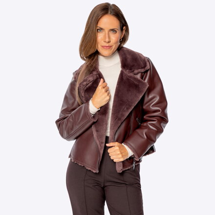 Damska ramoneska z ekoskóry ze sztucznym futerkiem bordowa 101-9P-103-3