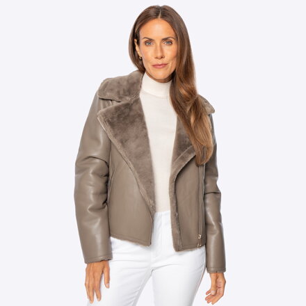 Damska ramoneska z ekoskóry ze sztucznym futerkiem beżowa 101-9P-103-9