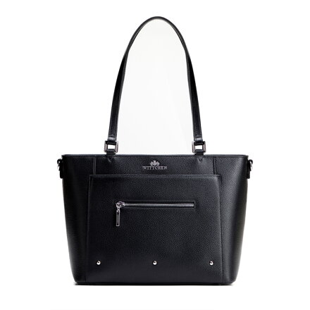 Dámska kožená shopper kabelka s vreckami čierna a strieborná 100-4E-607-1S