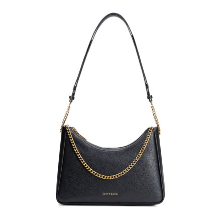 Dámska bagetová kabelka z kože, čierna a zlatá 100-4E-606-1G