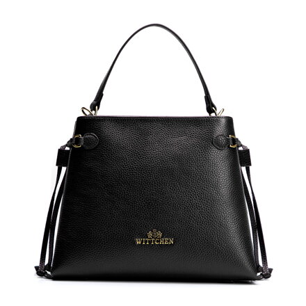 Damski kuferek ze skóry naturalnej z troczkami czarno - złoty 102-4E-212-1G