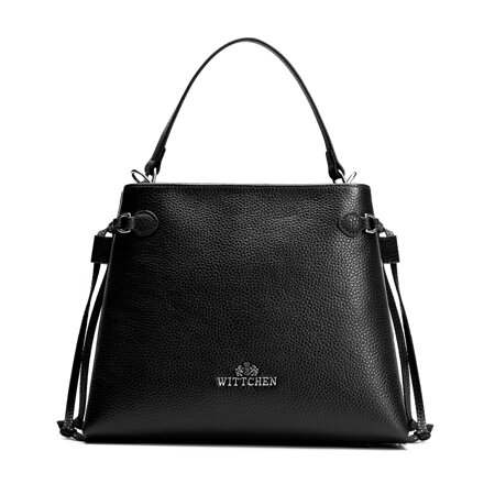 Damski kuferek ze skóry naturalnej z troczkami czarno - srebrny 102-4E-212-1S