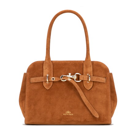 Damski kuferek ze skóry zamszowej z dekoracyjnym zapięciem jasny brąz 102-4E-001-5