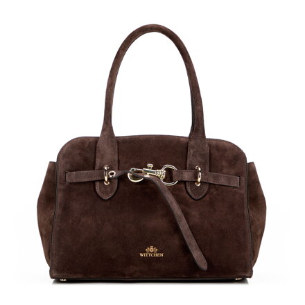Damski kuferek ze skóry zamszowej z dekoracyjnym zapięciem ciemny brąz 102-4E-001-8