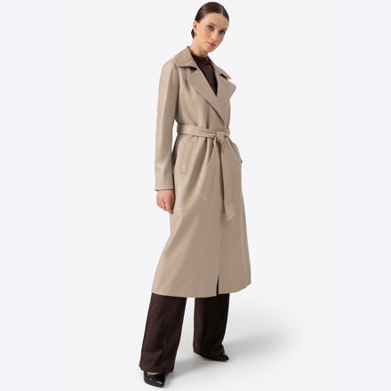 Damski płaszcz skórzany z paskiem beżowy 100-09-811-0