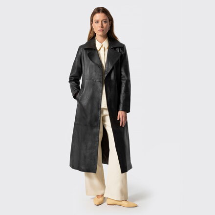 Damski płaszcz skórzany z paskiem ciemny brąz 100-09-811-4