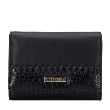 Damski portfel z ekoskóry z ozdobną wstawką i rzemieniem czarny 95-1Y-525-1