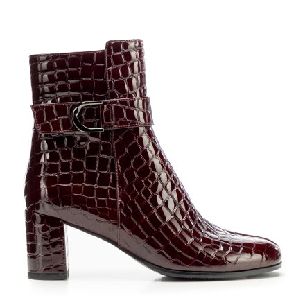 Damskie botki ze skóry lakierowanej o fakturze croco bordowe 101-D-969-3