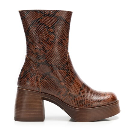 Damskie botki ze skóry naturalnej we wzór węża brązowe 101-D-303-X