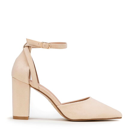 Damskie czółenka z ekozamszu na słupku beżowe 98-DP-207-9