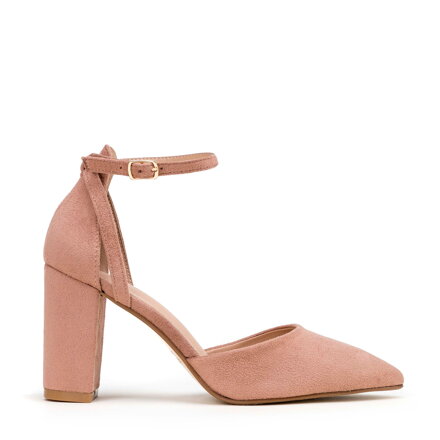 Damskie czółenka z ekozamszu na słupku zgaszony róż 98-DP-207-P