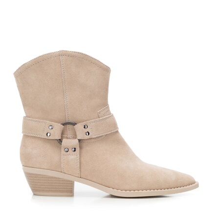 Damskie kowbojki ze skóry zamszowej krótkie beżowe 101-D-961-9 Damskie kowbojki ze skóry zamszowej krótkie beżowe 101-D-961-9