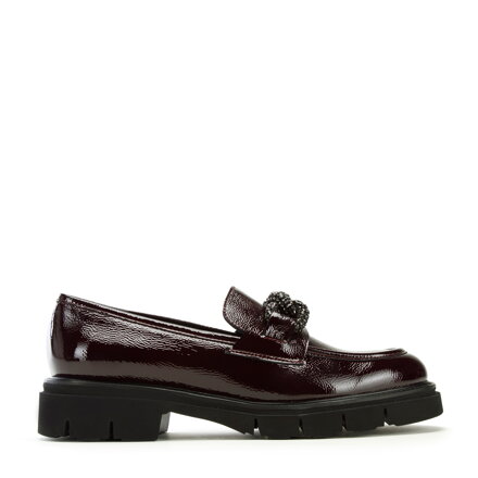 Damskie mokasyny skórzane z łańcuchem z kryształków bordowe 97-D-106-3