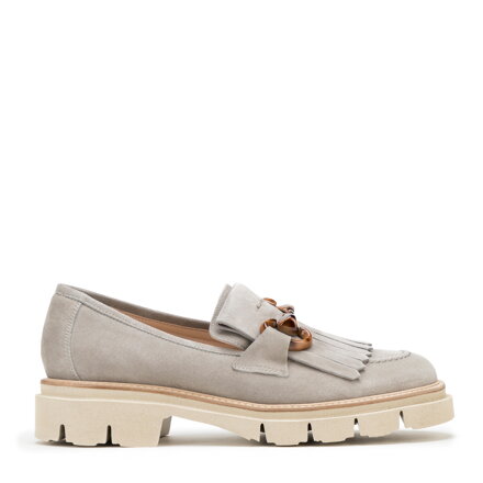 Damskie mokasyny zamszowe z frędzlami i klamrą szare 98-D-104-Z