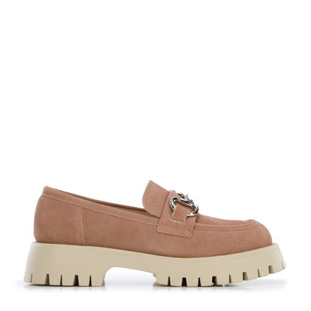 Damskie mokasyny zamszowe z klamrą na platformie zgaszony róż 96-D-954-P