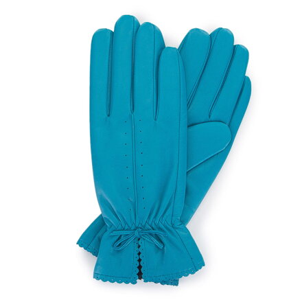 Damskie rękawiczki skórzane z falbanką turkusowe 39-6-646-TQ
